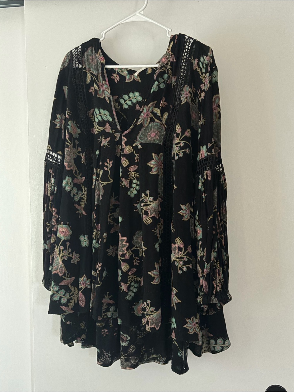 Free People Black Floral Scoop-Neck Top/Dress with Teal & Pink Accents